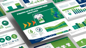 infographic showcasing EU regulations and sustainable football apparel practices, featuring charts, graphs, and a football jersey branded with 'Kits for the World,' emphasizing people, planet, and football